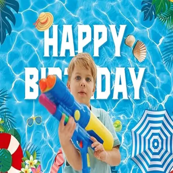 Pool Happy Birthday Photography Background Summer Pool Party Banner Tropical Swimming Hawaiian Theme Photo Decorations Backdrop (7x5FT) {2}