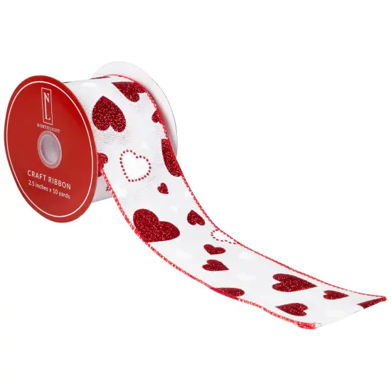 Northlight Glitter Hearts Valentine's Day Wired Craft Ribbon- 2.5" x 10 Yards - White and Red {7}