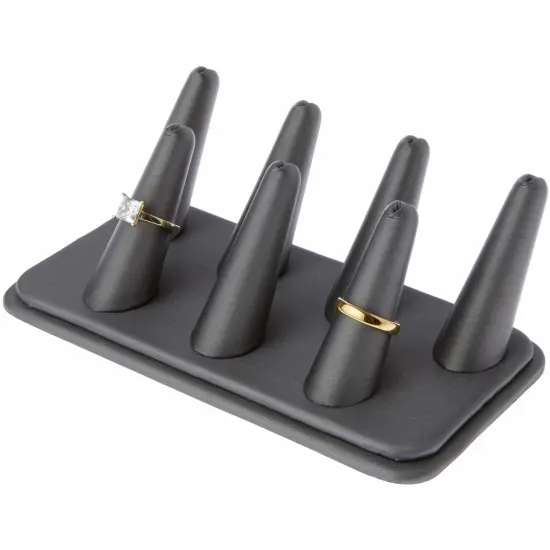 Plymor Gray Faux Leather Ring Finger Display, Seven on Rectangular Base, 6.75" W x 3.5" D x 2.25" H {3}