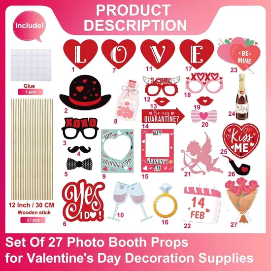 Happy Valentine's Day Photo Booth Props 27 Pcs Valentines Day Selfie Photobooth Props Decorations,Valentine Photo Props Funny Backdrop Decorations {2}