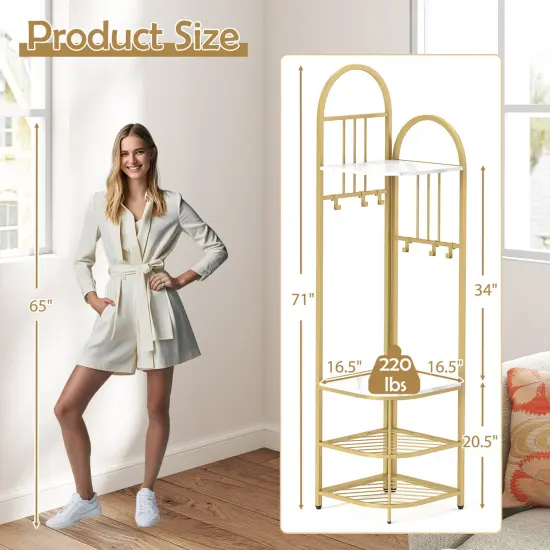 4-Tier Coat Rack Corner Tree with Shoe Bench and Hooks White {5}