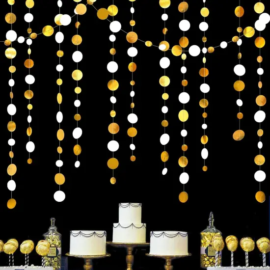 46 Ft White & Gold Circle Dot Garland &ndash; Hanging Paper Streamer for Weddings, Birthdays, Baby Showers & Parties {1}