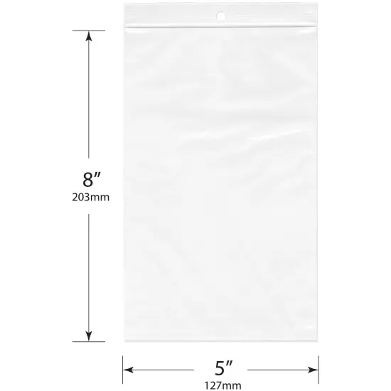 Plymor 5" x 8", 2 Mil with Hang-Hole Zipper Reclosable Plastic Bags {3}