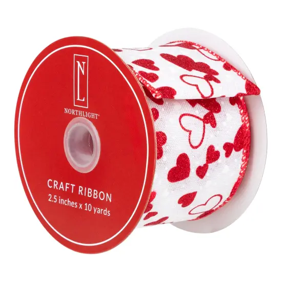 Northlight Glittered Hearts Valentine's Day Wired Craft Ribbon-2.5" x 10 Yards - White and Red {5}