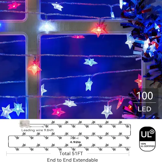 4th of July Decor Lights, Red White Blue Lights Battery Operated 100LED Patriotic Star String Lights 51FT 8Mode Waterproof for Indoor Outdoor 4th of July Independence Day Memorial Day Decor {3}