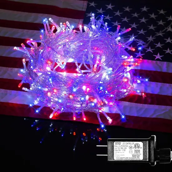 4th of July Decorations 300 LED Red White and Blue String Lights Plug-in, 8 Modes 108ft Independence Day Fairy Lights for Patriotic Party Decor Indoor Outdoor {1}