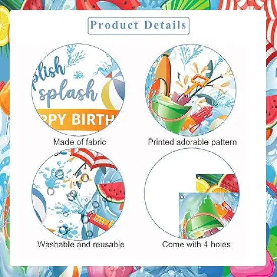 Summer Birthday Party Decorations, Splish Splash Happy Birthday Pool Party Banner, 71 x 43 Inches {4}