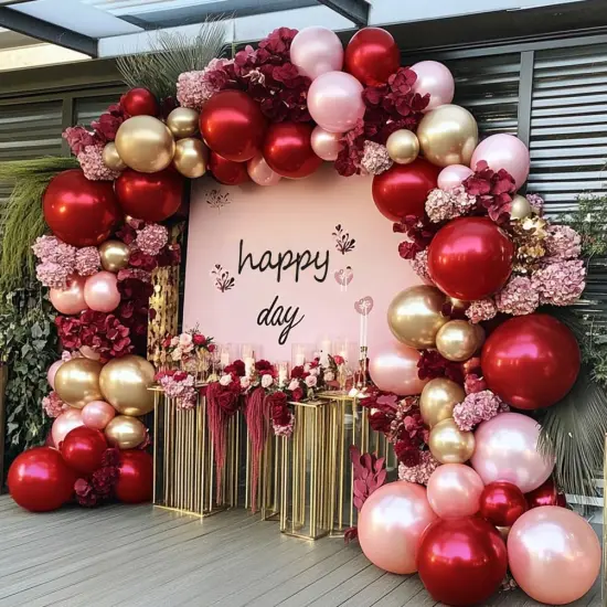 Burgundy Pink Balloon Garland - Double Stuffed Ruby Red Pearl Pink Gold Balloon Arch Kit Wine Red Maroon Metallic Balloons for Birthday Baby Bridal Shower Mother's Day Engagement Wedding Party Decor {1}