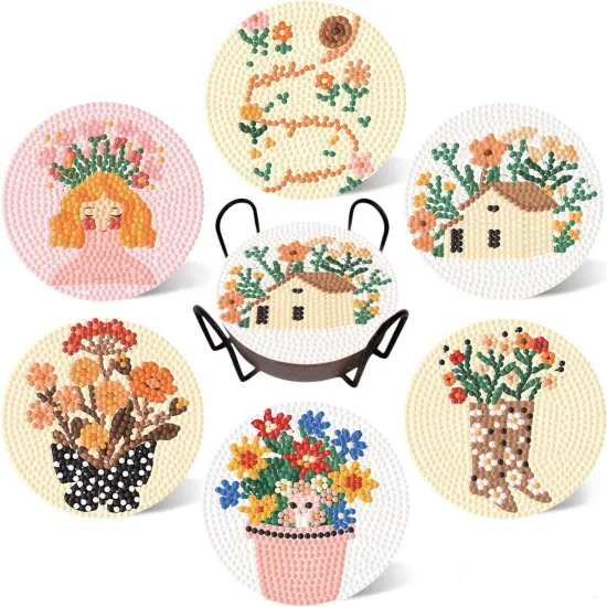 6 Pcs 5D Diamond Painting Coasters Kits with Holder, Diamond Art Coasters Set for Drinks Coffee Table, Diamond Painting kit for Beginners Adults DIY Art Craft Gifts Home Decors {1}
