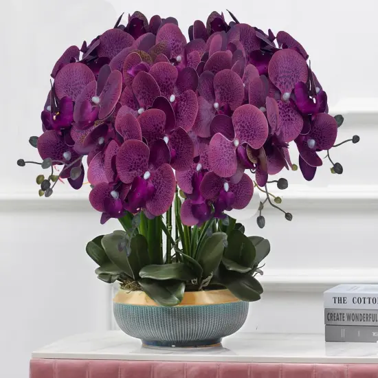 6 Pcs Artificial Phalaenopsis Flowers with 4 Bundles Leaves Artificial Orchid Flowers Stem Plants for Home D&eacute;cor (Purple Piebald) {3}