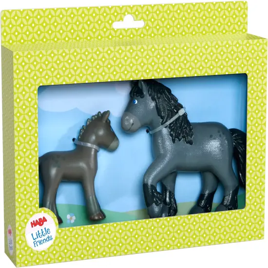 HABA Little Friends Momma and Baby Playset - Cassandra Horse and Cleo Foal Chunky Plastic Farm Animal Toy Figures Multicolor {6}