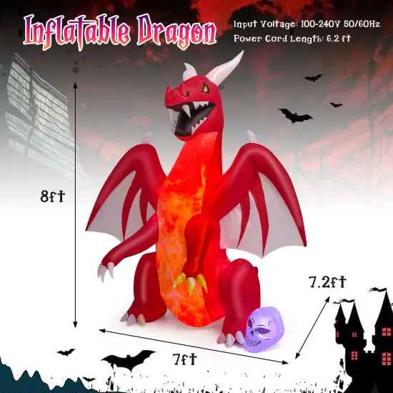 Costway 8 FT Halloween Inflatable Red Dragon with Wings & Skull Holiday Decoration Light {3}