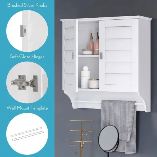 White Wood Wall-Mounted Bathroom Medicine Cabinet with Louver Doors and Towel Bar {4}