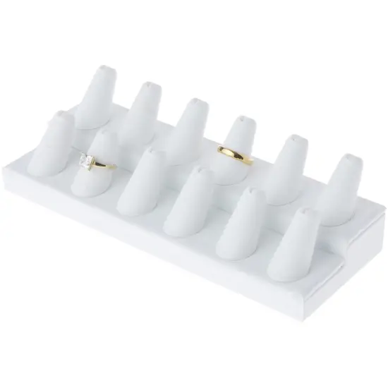 Plymor White Faux Leather 2-Tier Ring Finger Display, Twelve on Rectangular Base, 8.125" W x 3.25" D x 2.5" H {3}