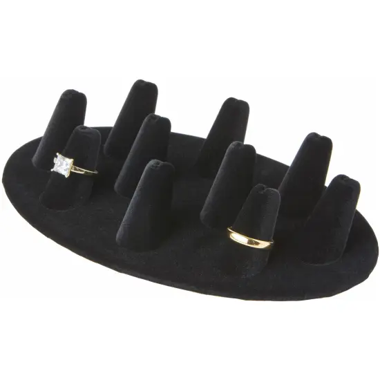 Plymor Black Velvet Ring Finger Display, Ten on Oval Base, 7.5" W x 4.5" D x 1" H {3}