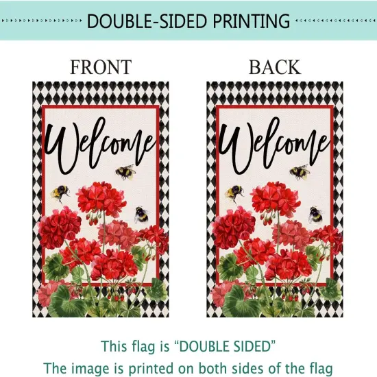 Summer Geranium Welcome Garden Flag Double Sided Summer Bee Red Floral Buffalo Plaid Small Burlap Yard Flag House Seasonal Farmhouse Outside Outdoor Decoration 12.5 x 18 Inch {5}