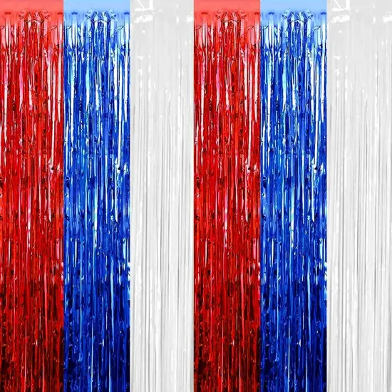 4 Pack Red Blue White Foil Fringe Curtain Backdrop, 3.28Ft x 6.56Ft Metallic Tinsel Foil Fringe Streamers Curtains for Photo Booth, Wedding, Mardi Gras, Birthday, Independence Day Party Decoration {1}