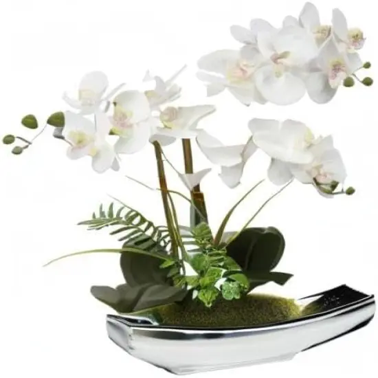 Artificial Flowers 15" White Phalaenopsis Orchid with Silver Pots Real Touch Faux Orchid Plant {5}