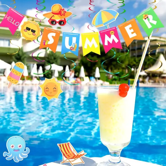 41pcs Summer Party Decorations, Colorful Hello Summer Welcome Banner Summer Beach Pool Party Hanging Swirl Decorations {4}