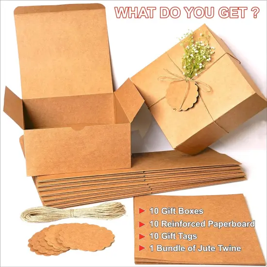 Gift Boxes 10 Pack, Thick Kraft Paper Boxes with Lids, Tags & Jute Rope for Gifts, Wedding Favours, Bridesmaid Proposals, Cupcakes, Crafting {2}