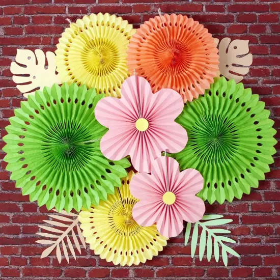 Paper Flowers Pink and Green Party Decorations Hanging Fans Spring Summer Decor for Wall Wedding Backdrop Bridal Shower Birthday - 9Pcs {1}
