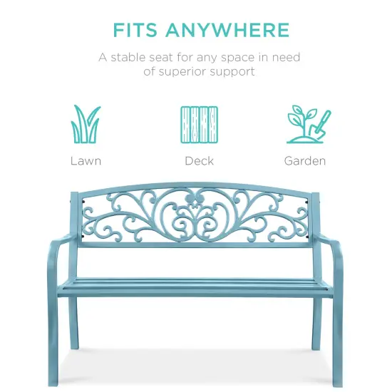 Best Choice Products Outdoor Steel Bench Garden Patio Porch Furniture w/ Floral Design Backrest Sky Blue {3}