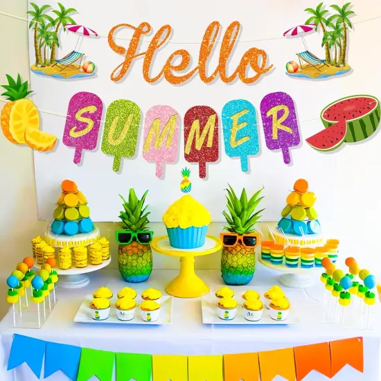 Glitter Summer Party Decorations, Colorful Hello Summer Banner Hawaiian Ice Cream Popsicle Summer Party Supplies for Home Mantle Fireplace {2}