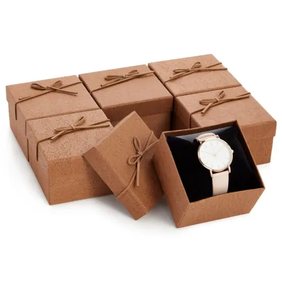 6 Pack Small Gift Boxes with Lids and Velvet Pillow for Jewelry, Presents, Bracelets, Necklaces (3.5 x 3.5 in) Brown {1}