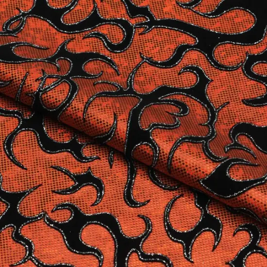 Flame Flocked Hologram Spandex Fabric Orange {1}