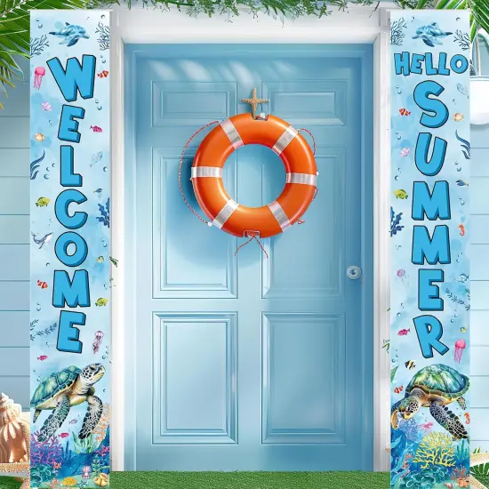 Welcome Summer Porch Banner Sea Turtle Summer Door Banner Hawaiian Ocean Nautical Porch Sign Welcome Hanging Banner Decor Tropical Sea Turtle Seasonal Outdoor Indoor Holiday Cruise Party Decorations {1}