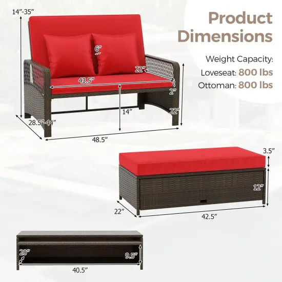 Patio Loveseat and Ottoman Set with 4-level Adjustable Backrest and Storage Area Red {5}