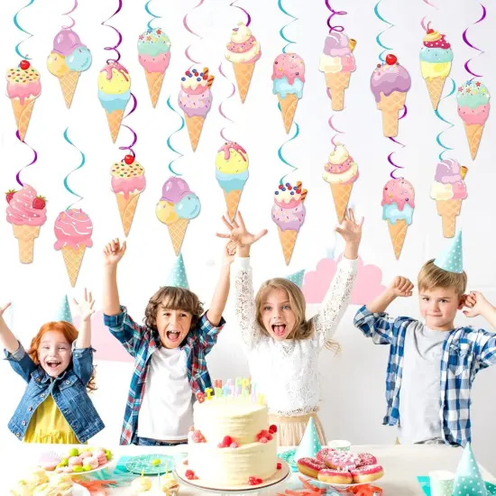 58Pcs Ice Cream Party Hanging Swirls Ice Cream Birthday Party Decoration Summer Creams Theme Ceiling Streamers Colorful Swirl Dessert Cone Streamers {5}