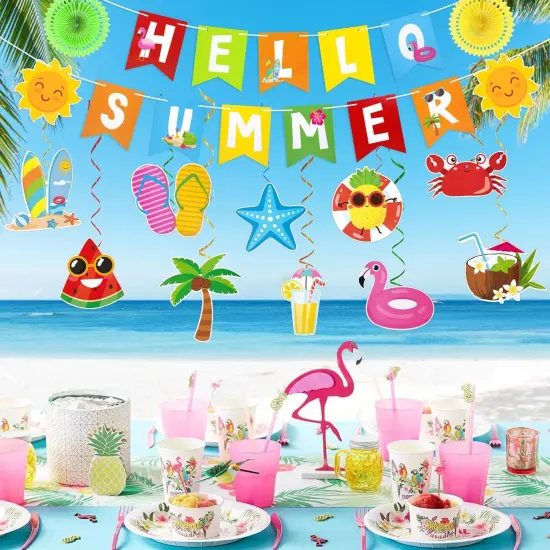 Summer Pool Party Decorations, Hello Summer Banner Paper Lanterns Beach Hanging Streams Decor for Hawaiian Luau Tropical Vacation Outfit Birthday Party Supplies Favors {2}