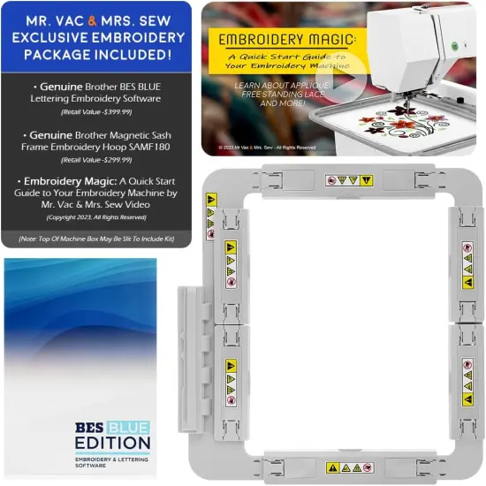 Brother NQ1700E Embroidery Machine, 6" x 10" Field Size, Cuts Jump Stitches, Wireless, Includes BES Lettering Software + Brother Magnetic SAMF180 Hoop + Mr. Vac & Mrs. Sew - Embroidery Magic Video {2}