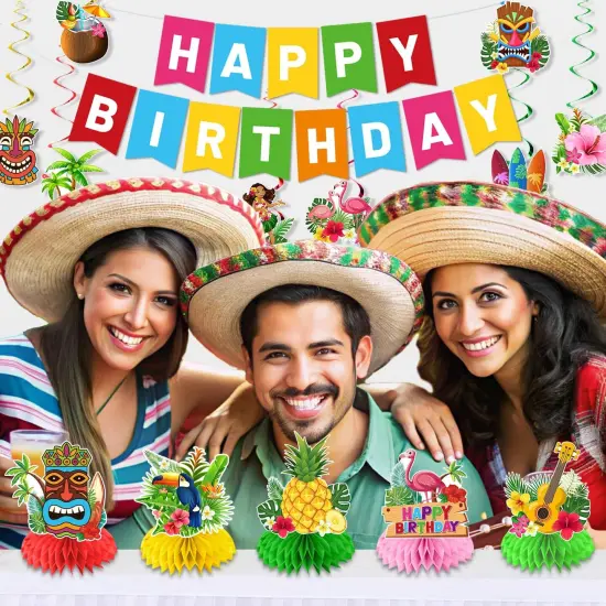 Aloha Beach Themed Party Decorations - Hawaiian Luau Birthday Supplies with Banner Honeycomb and Hanging Swirls for Tropical Summer Pool Party {4}