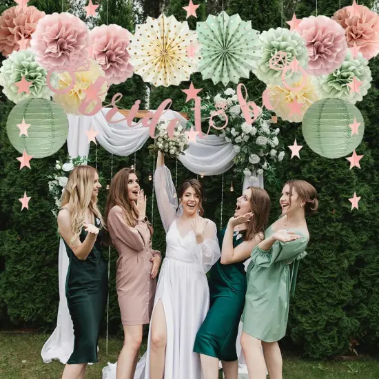 Sage Green and Dusty Pink Bachelorette Party Decorations Bridal Shower Decorations Bride to Be Banner Sage Green Dusty Pink Paper Pom Poms Paper Star Garland Engagement Wedding Shower Party Decor {5}