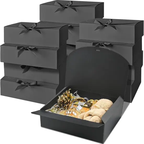 12 Pack Gift Boxes with Lids, 10.6x7.8x3.1 Inch Black Paper Gift Box with Ribbon, Bridesmaid Proposal Box {1}