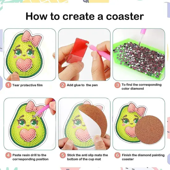 6 Pcs DIY Diamond Art Painting Cute Avocado Coasters with Holder, Fruit Coasters Diamond Art Kits for Adults Beginners. Fruit Avocado Diamond Craft Supplies Coasters for Drinks.AVO15 {4}
