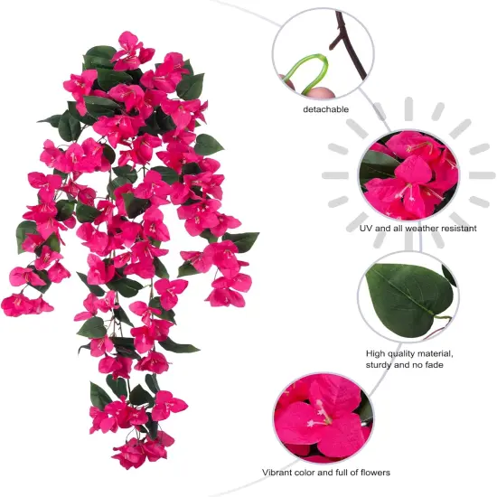 Artificial Fake Hanging Flowers Plants for Outdoor Outside Decor, 2 PCS Faux Silk Bougainvillea Long Vines UV Resistant Realistic Faux Hanging Flower for Home Porch Patio Balcony Yard, Hotpink {5}