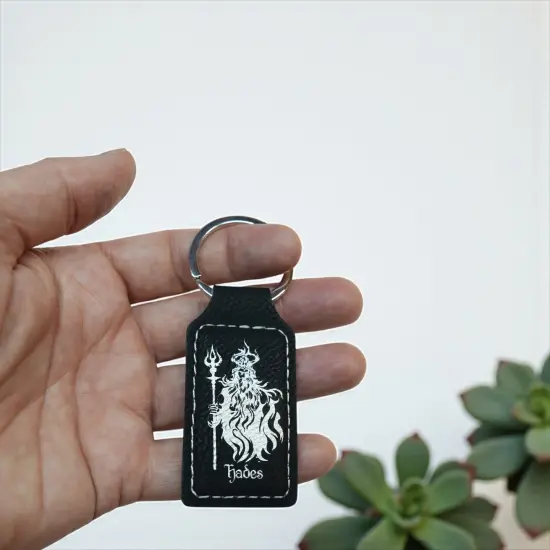 Keychain - Rectangle - Hades God of the Underworld - Leather Black/Silver {6}