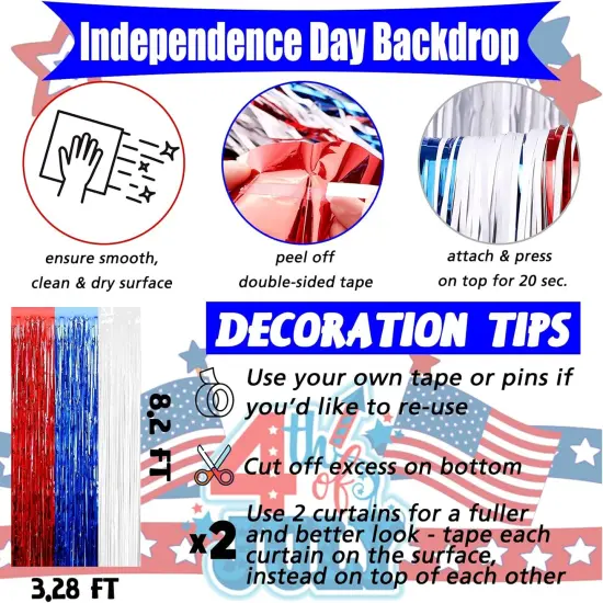 4 Pack 3.2Ft x 8.2Ft Independence Day Fringe Curtain Backdrop, Red Blue White Metallic Tinsel Foil Fringe Streamers Curtains Background for Photo Booth Birthday Wedding Carnival Party Decorations {2}