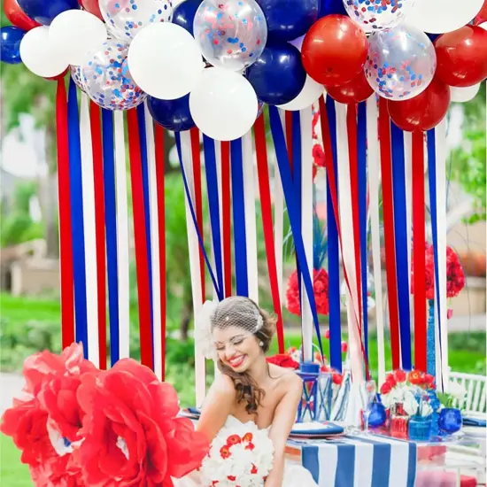 Red Blue White Party Decorations Ribbon Fabric Fringe Hanging Curtain Streamer Backdrop Balloon Garland for 4th of July American Independence Day USA National Day Patriotic Birthday Graduation Wedding {5}