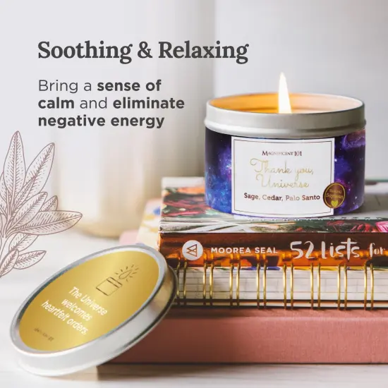 Magnificent 101 Long Lasting Affirmation Tin Candle with Sage, Cedar & Palo Santo Scented | 6 Oz - 35 Hour Burn | Made of Soy Wax for Energy Cleansing, Manifestation | Thank You Universe Multicolor {4}
