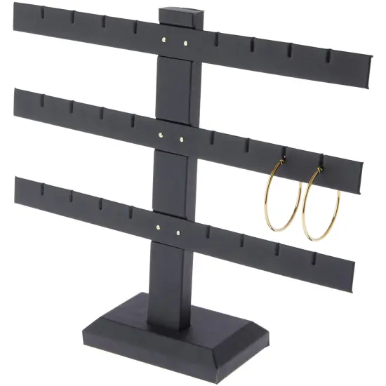 Plymor Black Faux Leather Triple T-Bar, Twelve Pair Earring Display Stand, 10.25" W x 8.5" H {3}