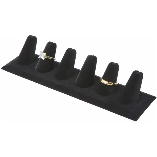 Plymor Black Velvet Ring Finger Display, Six on Rectangular Base, 7.625" W x 2.125" D x 1.625" H {3}