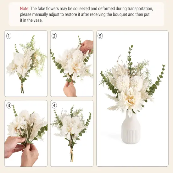 Small Artificial Flowers in Ceramic Vase 13.5" Centerpieces Coffee Table Decor, Silk Flower Arrangements for Home Decor Indoor Fake Flower Bouquet for Dining Room Kitchen Wedding, White {5}