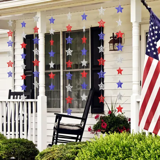8 Pack Patriotic Star Banner Garland - Glitter Red White Blue Hanging String Garlands for 4th of July, Memorial Day, Independence Day, Veterans Day Party, Holiday Decorations, Labor Day, Party Decor {3}