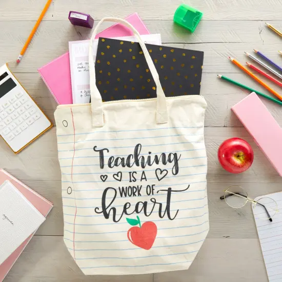 Canvas Tote Bag for Teacher Appreciation Gifts, Teaching is a Work of Heart (14.5 x 15 x 6 In) White {2}