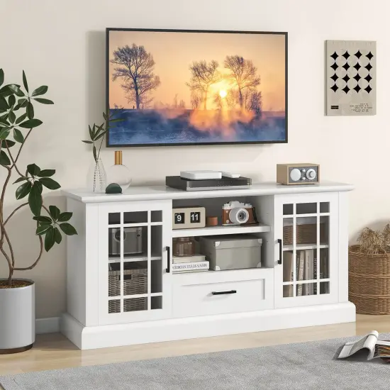 TV Stand for TVs up to 70 with Glass Doors Cubbies and Drawer-White {6}