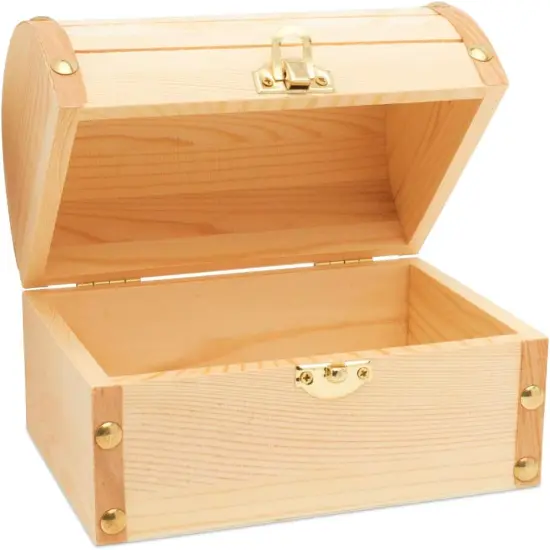 6 inch Wooden Treasure Chest Box, Pack of 2 Wooden Box with Hinged Lid, Wooden Boxes for Crafts/Wedding Treasure Decor {1}